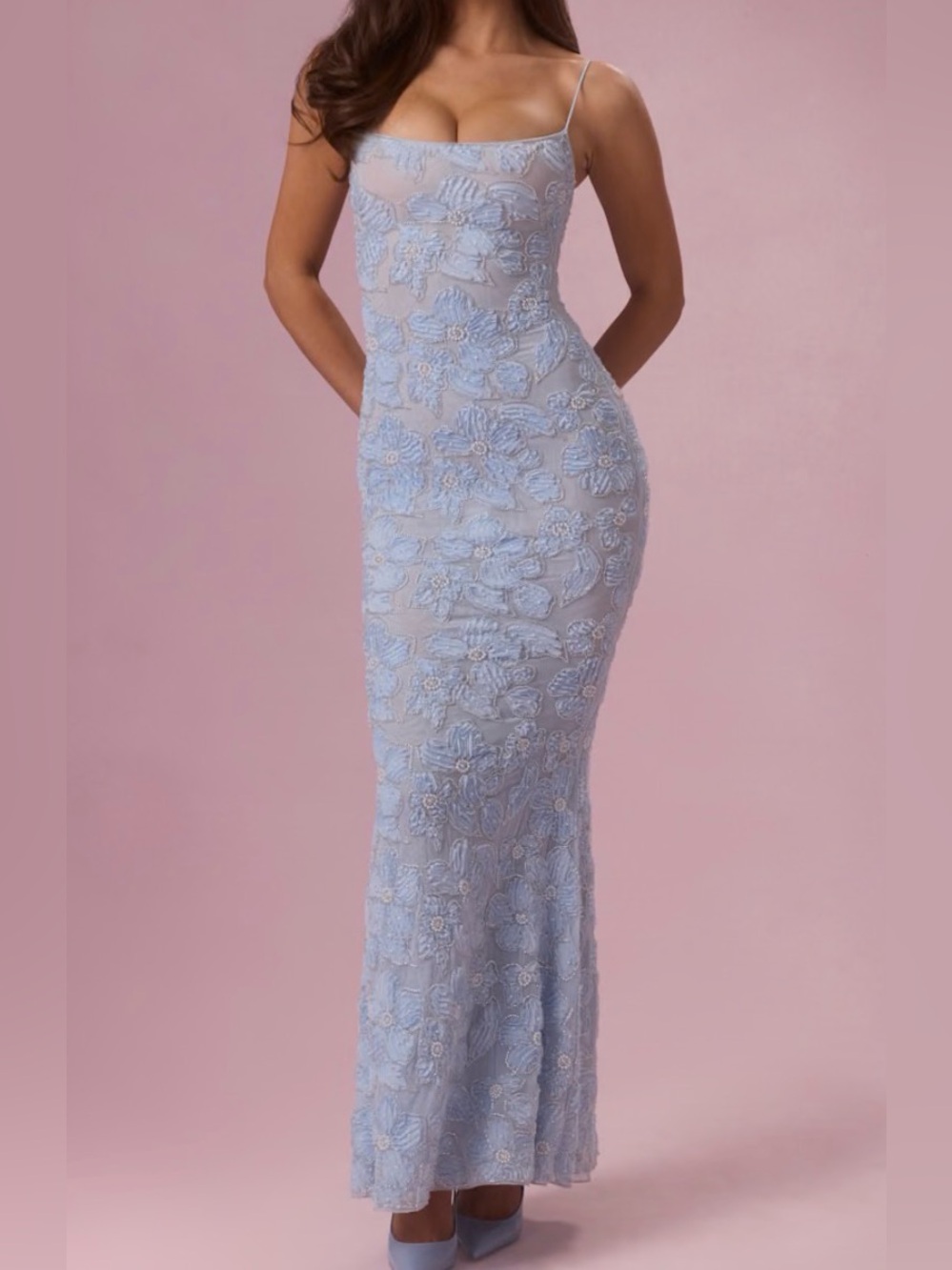 Oh Polly Pale Blue Floral Lace Maxi Dress